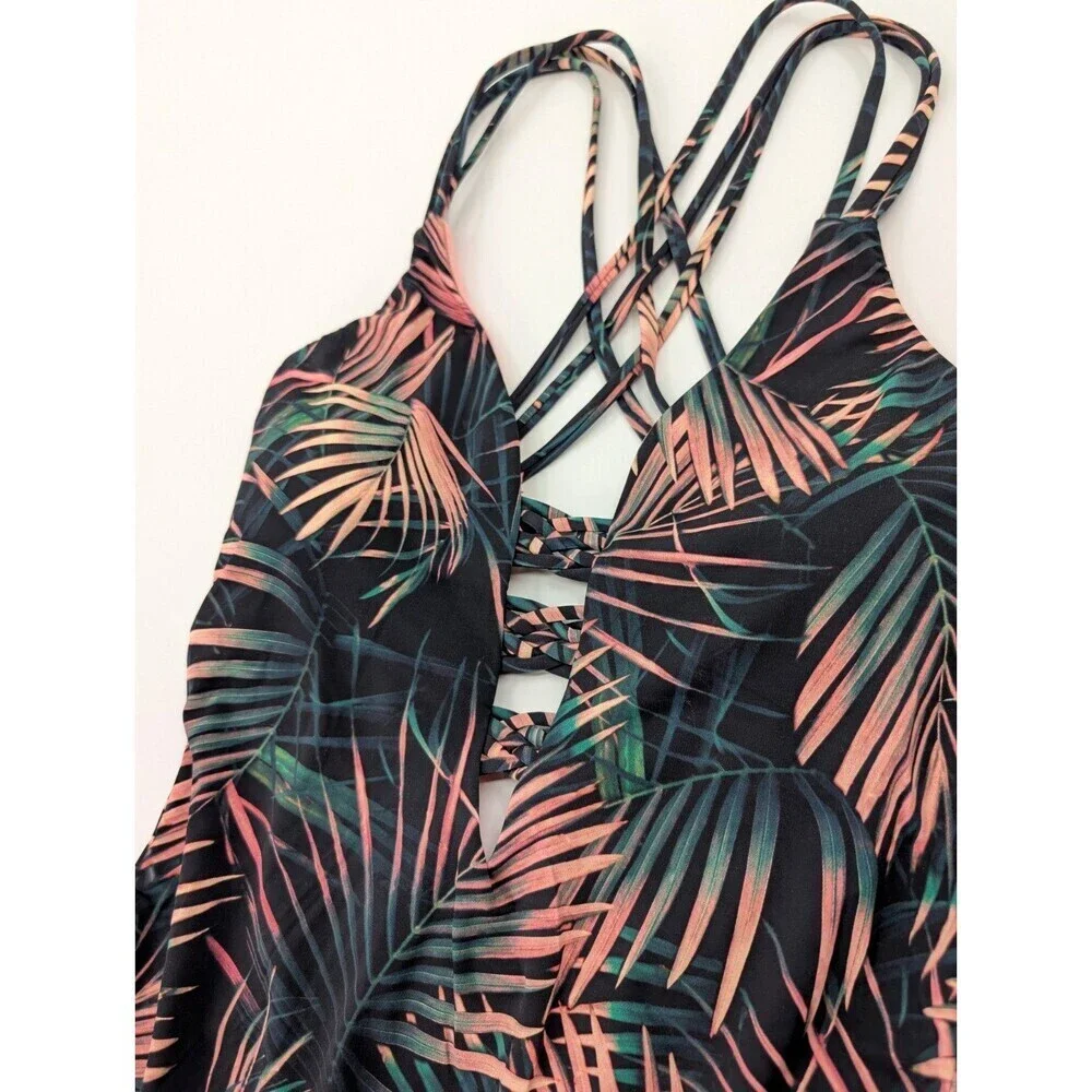 Bar III Swimsuit Women Medium One Piece Plunge Green Tropical Criss Cross Straps